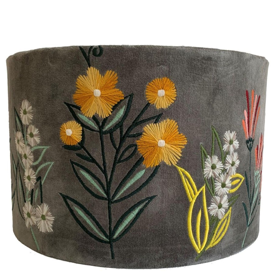 Lighting | Ruby Star Traders Drum Lampshade - Eucalyptus - Grey/Multi - Velvet