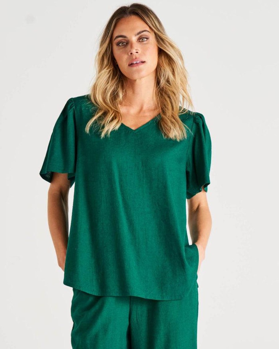 Tops | Betty Basics Marina Linen Blouse - Hunter Green