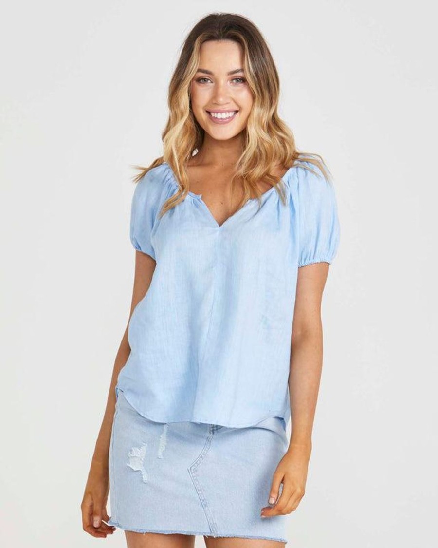 Tops | SASS Alina Puff Sleeve Top - Ocean Blue