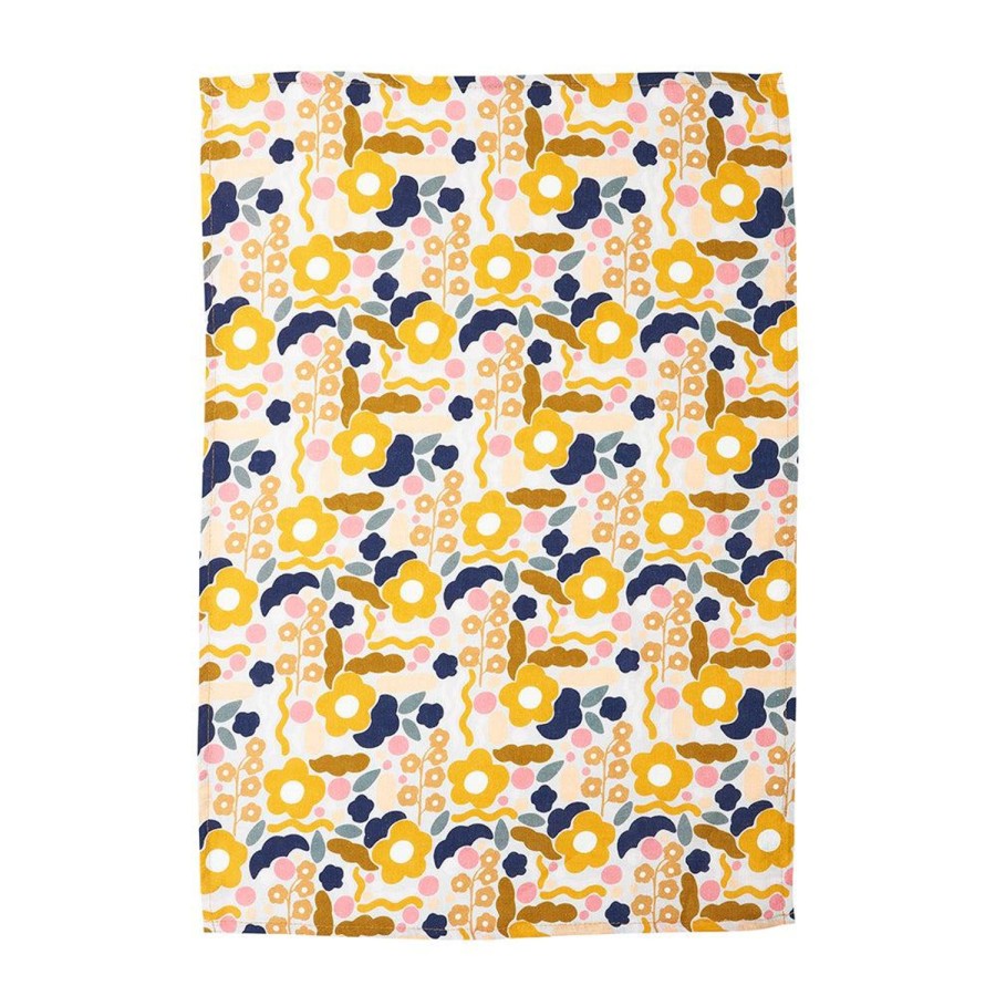 Kitchenware | Annabel Trends Tea Towel Linen Floral Puzzle Mustard