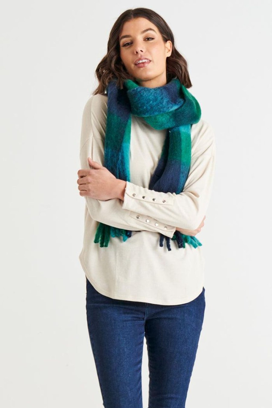 Scarves, Belts & Gloves | Betty Basics Lillian Fluffy Scarf - Green/Blue Check