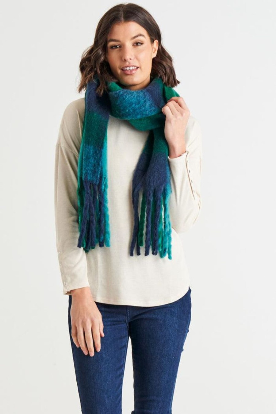 Scarves, Belts & Gloves | Betty Basics Lillian Fluffy Scarf - Green/Blue Check