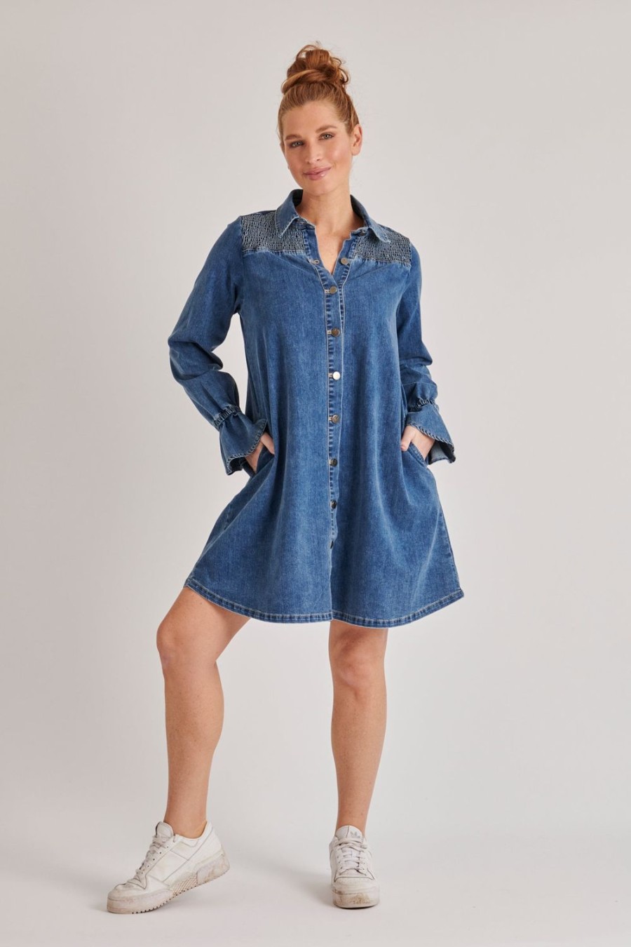 Dresses | One Ten Willow Shirred Yoke Detail Dress - Mid Blue