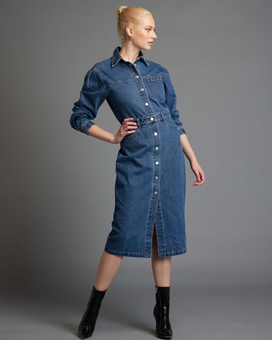 Dresses | Fate + Becker Genie Denim Midi Shirt Dress - Indigo Wash