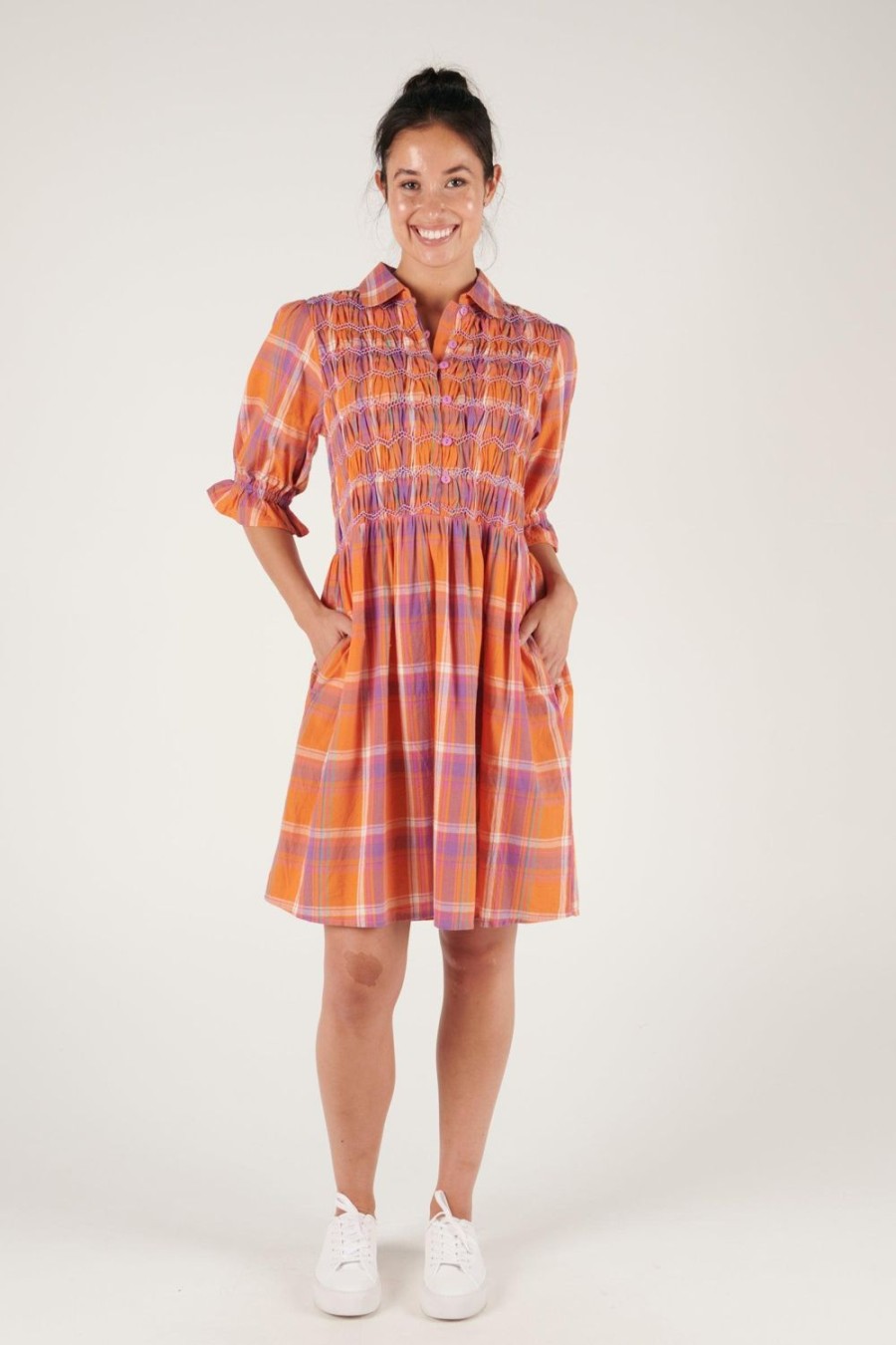 Dresses | Ellis & Dewey Shirred Bodice Dress - Orange Check