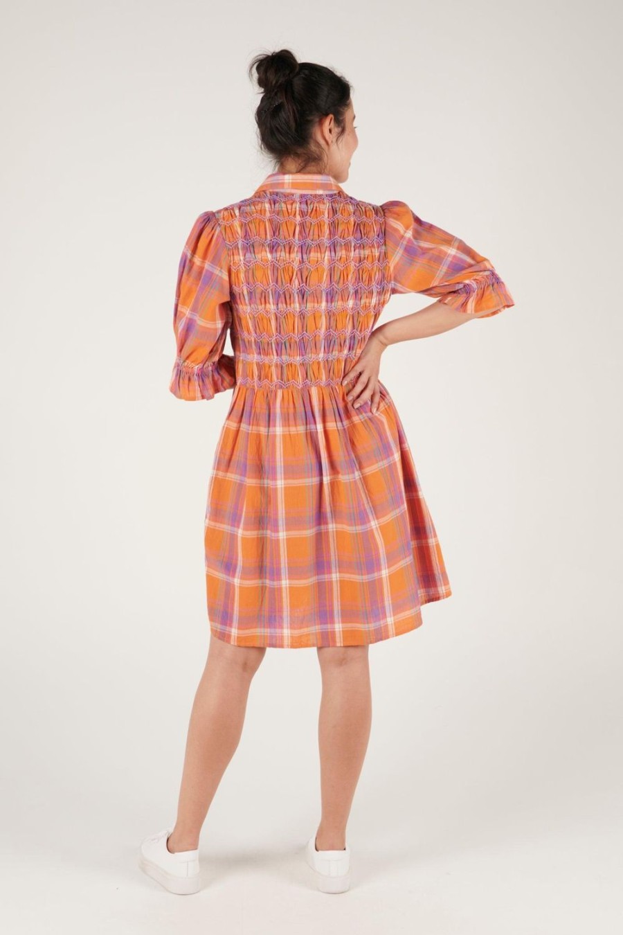 Dresses | Ellis & Dewey Shirred Bodice Dress - Orange Check