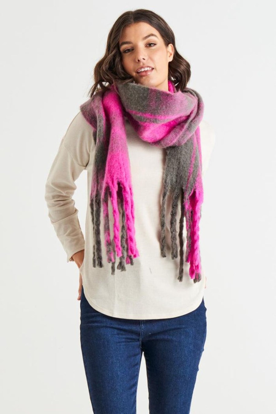 Scarves, Belts & Gloves | Betty Basics Lillian Fluffy Scarf - Magenta Plaid