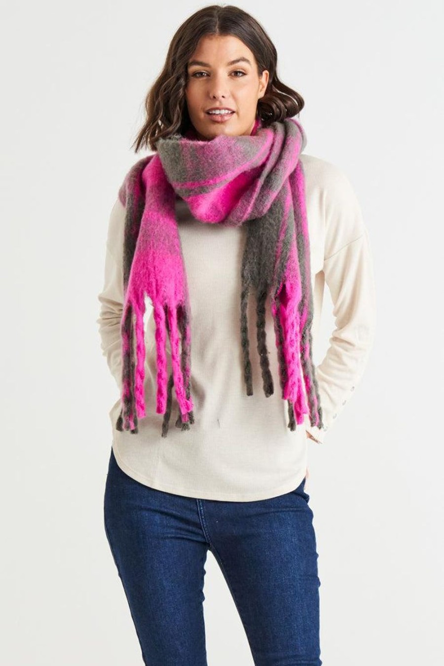 Scarves, Belts & Gloves | Betty Basics Lillian Fluffy Scarf - Magenta Plaid