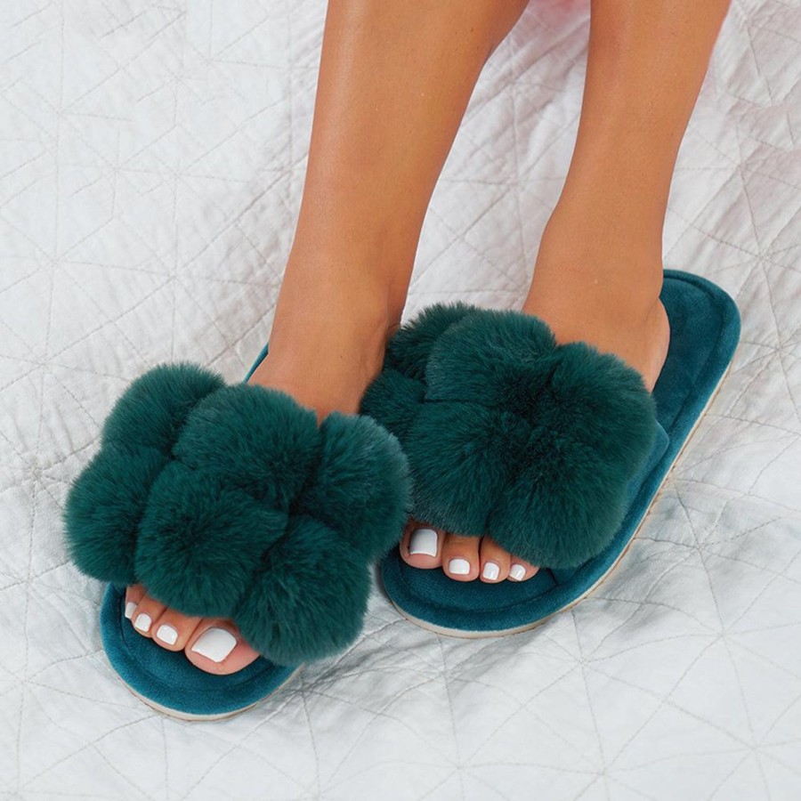 Footwear | Annabel Trends Pom Pom Slippers Cosy Luxe Emerald