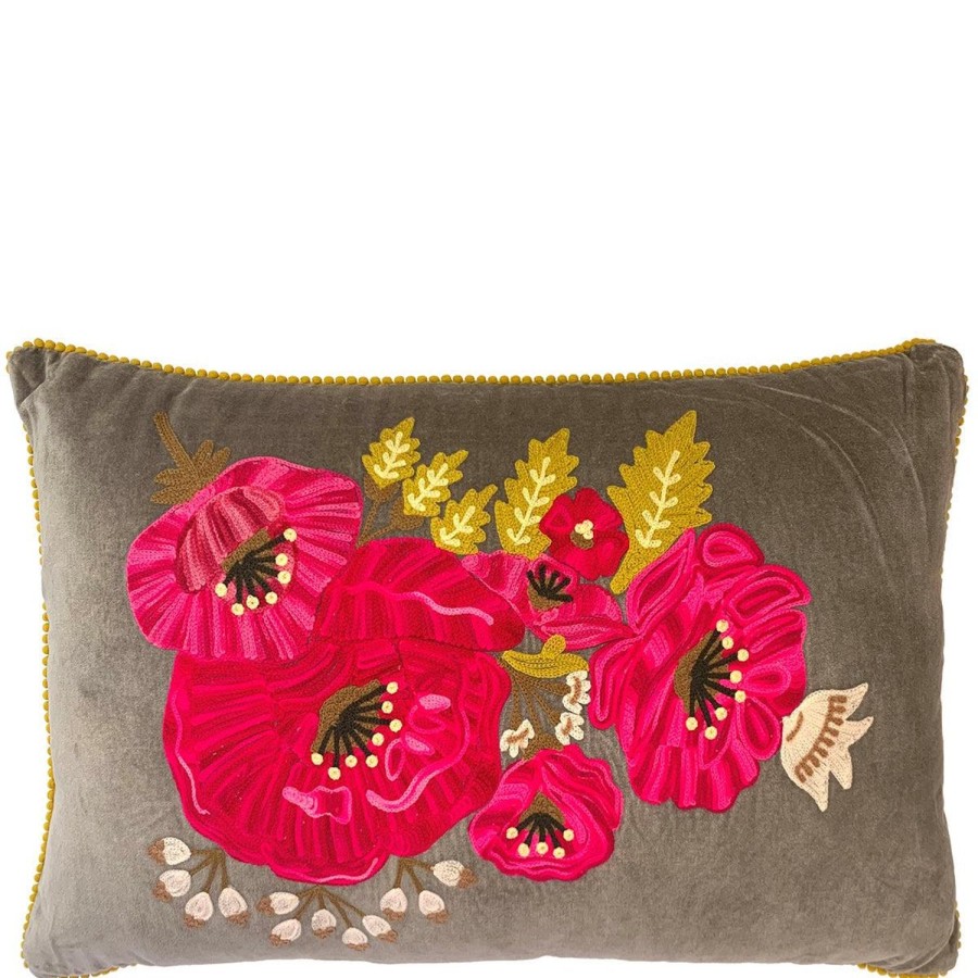 Soft Furnishings | Ruby Star Traders Peonies Cushion - Pale Grey - Velvet - 40X60Cm