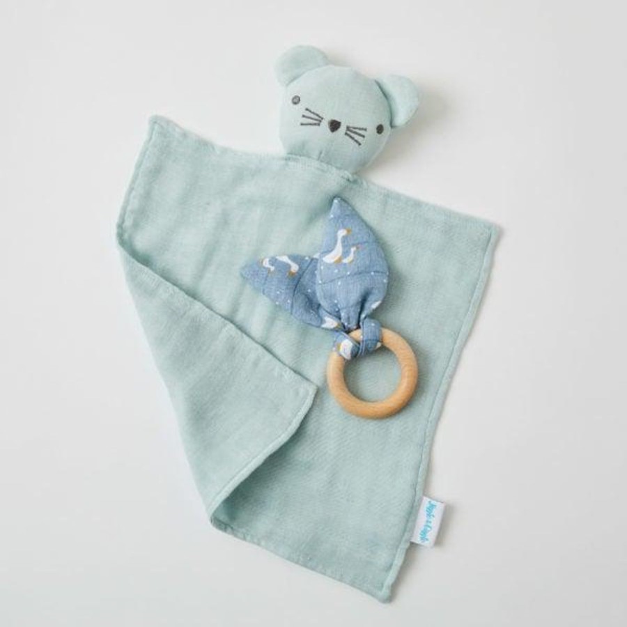 Toys | Pilbeam Living Misty Blue Double Muslin Comforter & Wooden Teething Ring