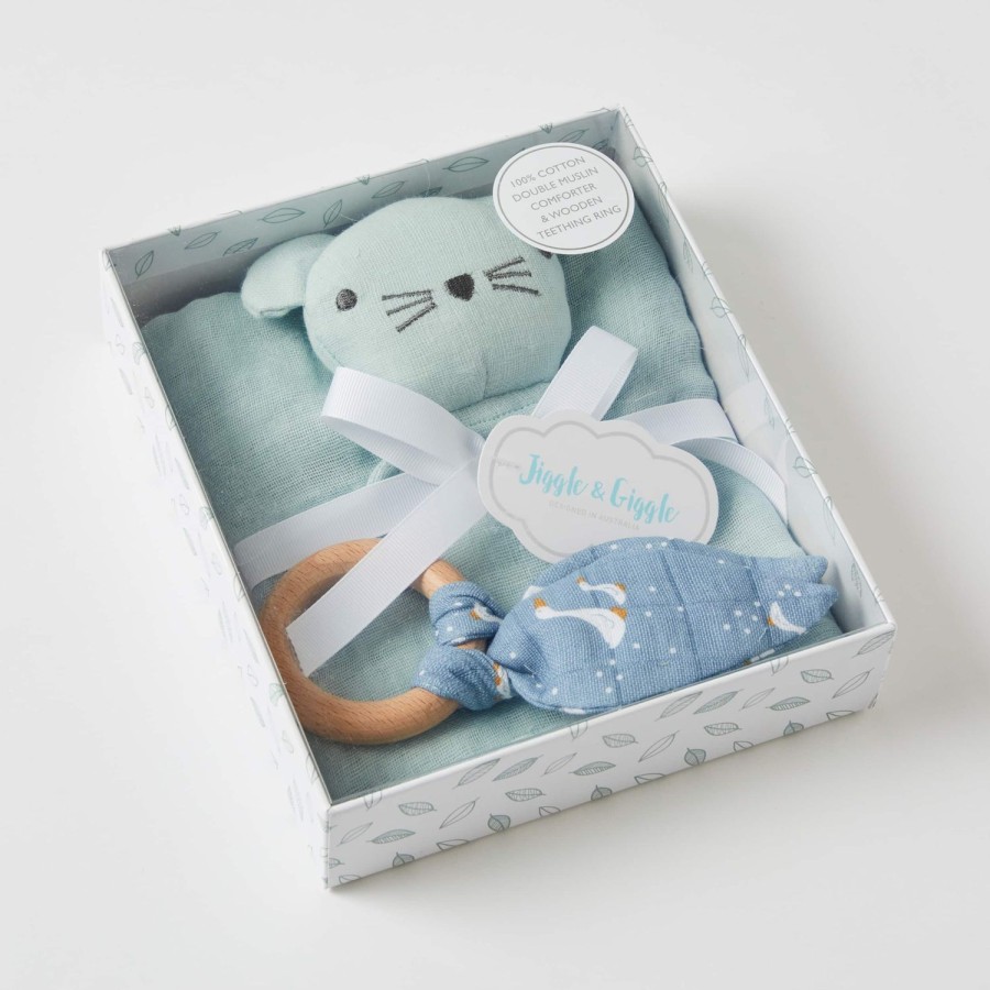 Toys | Pilbeam Living Misty Blue Double Muslin Comforter & Wooden Teething Ring