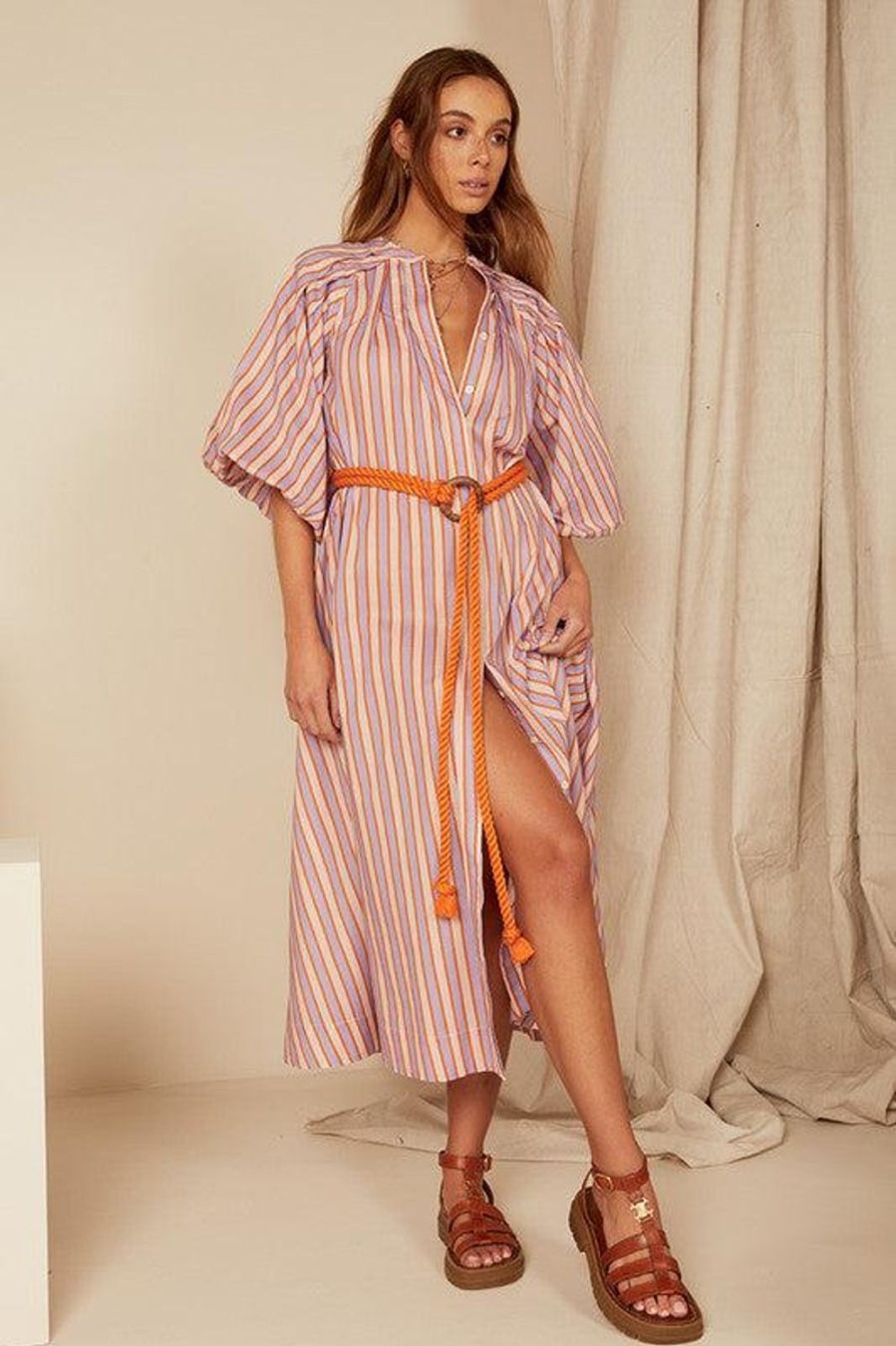 Dresses | Bohemian Traders Candy Stripe Pleated Neck Midi Dress