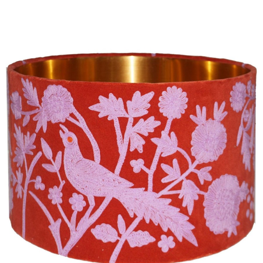 Lighting | Ruby Star Traders Drum Lampshade - Peacock & Flowers - Red/Pink - Velvet