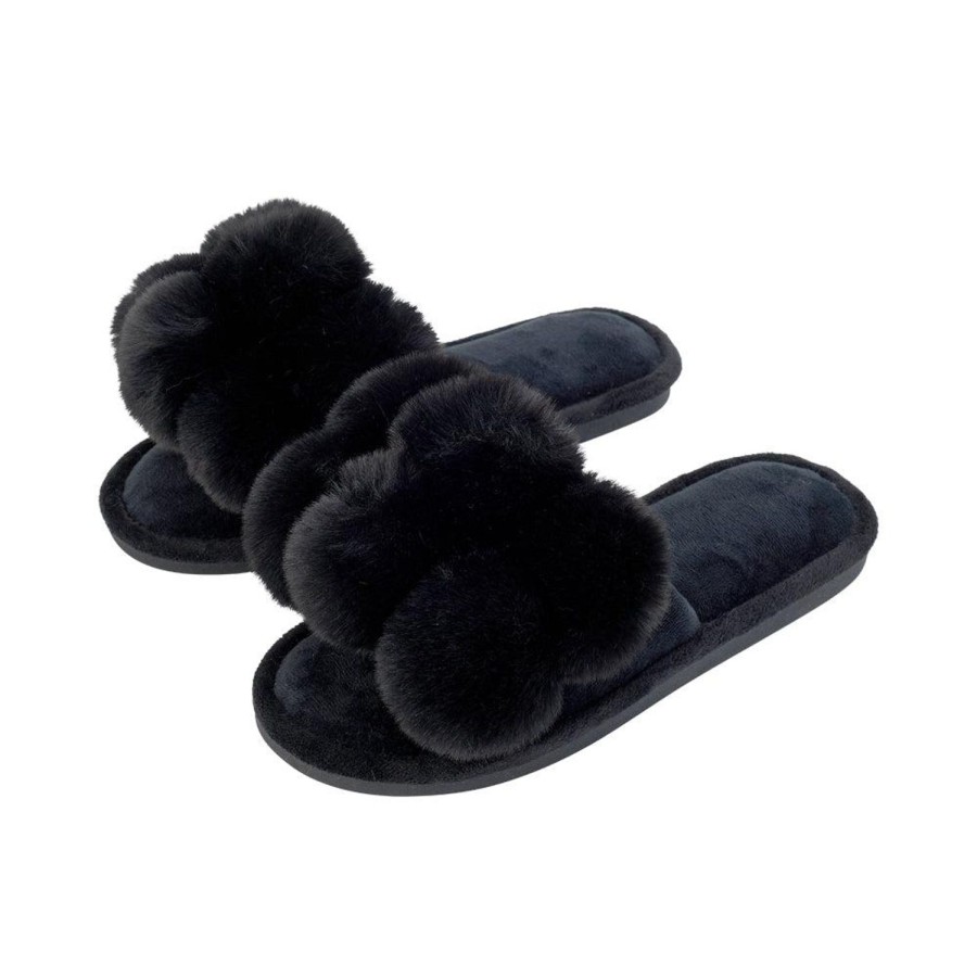 Footwear | Annabel Trends Pom Pom Slippers Cosy Luxe Black