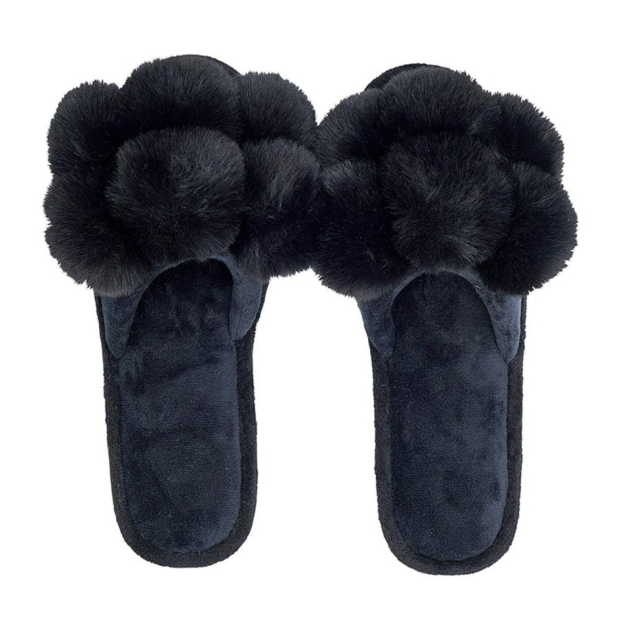 Footwear | Annabel Trends Pom Pom Slippers Cosy Luxe Black