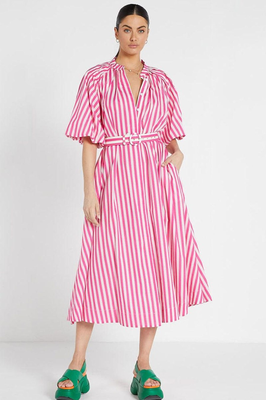 Dresses | Bohemian Traders Pleated Neck Midi Dress In Pink